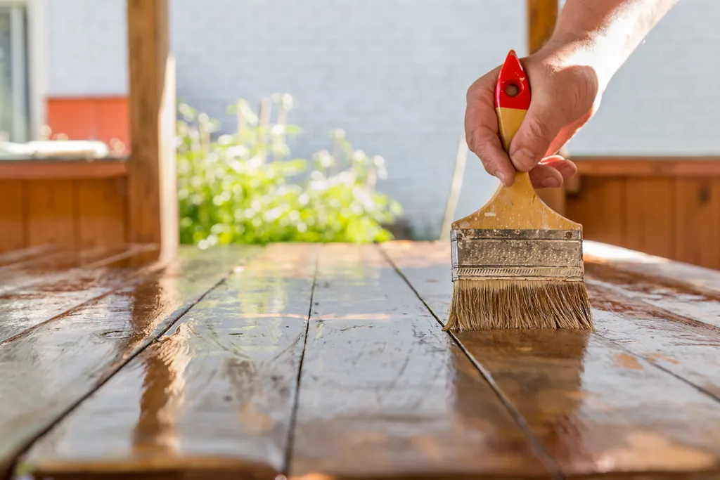 Penetrating stain brushed onto wood deck boards